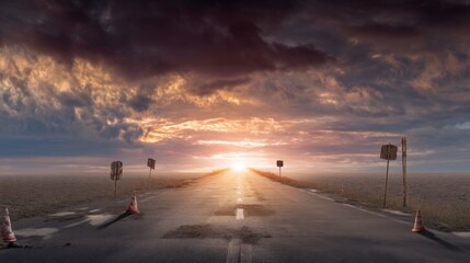 Empty Road Vanishing Into Glowing Horizon with Broken Signs