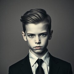 High-resolution stock photo a boy, retro aesthetic, professional grade, commercial use, monochromatic color scheme,  high contrast,  serious expression,  slicked back hair,  fair skin
