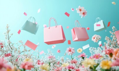 Pastel-colored shopping bags float gracefully amidst a vibrant array of blooming flowers and gift cards, set against a cheerful turquoise backdrop