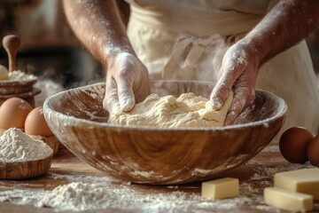 Fototapeta premium Hands kneading dough in rustic kitchen, surrounded by ingredient