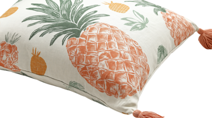 Decorative summer pillow with pineapple print and tassels, soft fabric texture, white background, PNG 