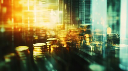 Obraz premium Double Exposure Effect with Finance Graph and Coins in Background