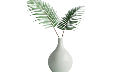 Tropical palm leaf in ceramic vase, minimal design, high-resolution and clean cut, PNG on white