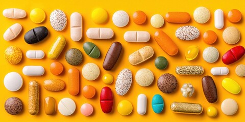 Bright yellow background filled with mixed capsules and pills in various colors and forms scattered randomly creating bold visual representation of medical diversity and healthcare access