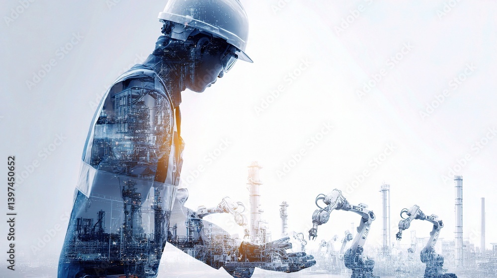 Poster futuristic double exposure of factory worker with robotics technology
