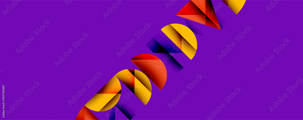 Aufkleber Abstract geometric shapes cascade diagonally across vibrant purple background. Overlapping segments create dynamic visual flow, utilizing warm yellow, red, cool blue hues.