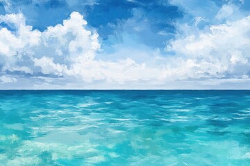 Fototapeta premium A serene seascape painting of tranquil turquoise water and fluffy white clouds against a vibrant blue sky.