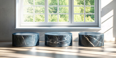 Three dark marble cylinders sit on a wooden floor near a large window, sunlight streaming in.