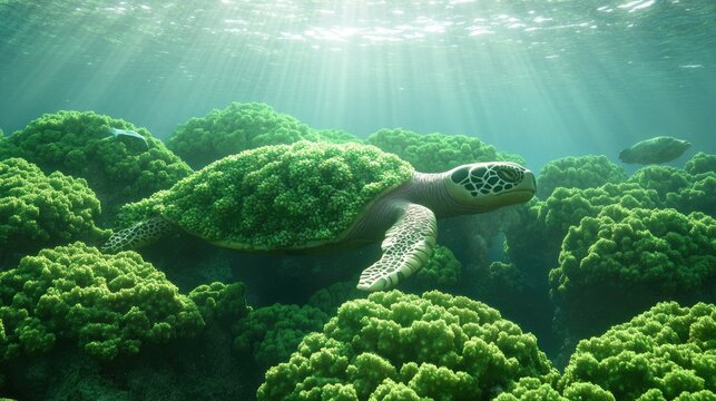 Lush underwater scene featuring turtle gliding over vibrant cora