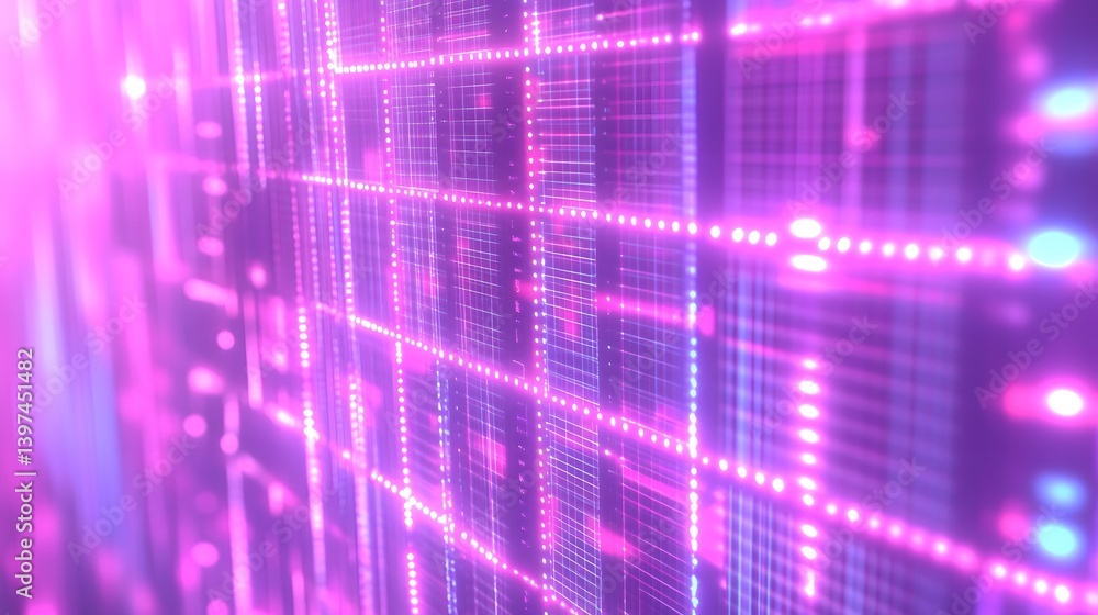 Poster futuristic glowing grid of illuminated lines and points of light