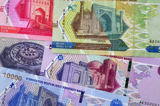 Uzbekistani sum banknotes. UZS. Uzbekistan currency. Oʻzbek soʻmi.	
