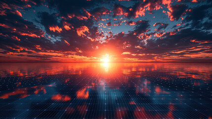 stunning sunset over reflective solar panel landscape, showcasing vibrant colors and serene atmosphere