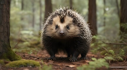 Fototapeta premium A porcupine creeps along the forest floor, its needles.generative.ai