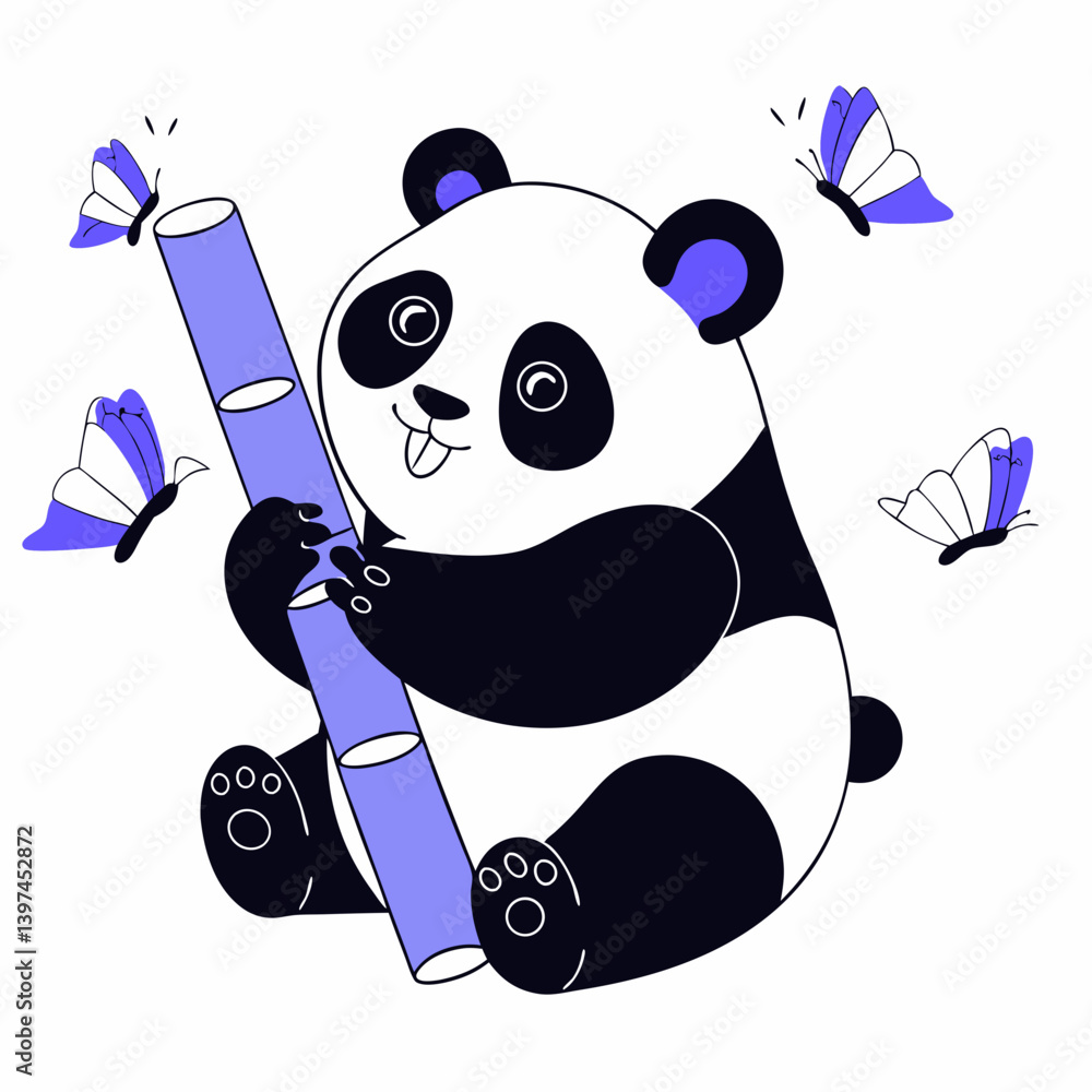 Poster hand drawing vector playful panda joyfully holds bamboo stick while surrounded by colorful butterfli