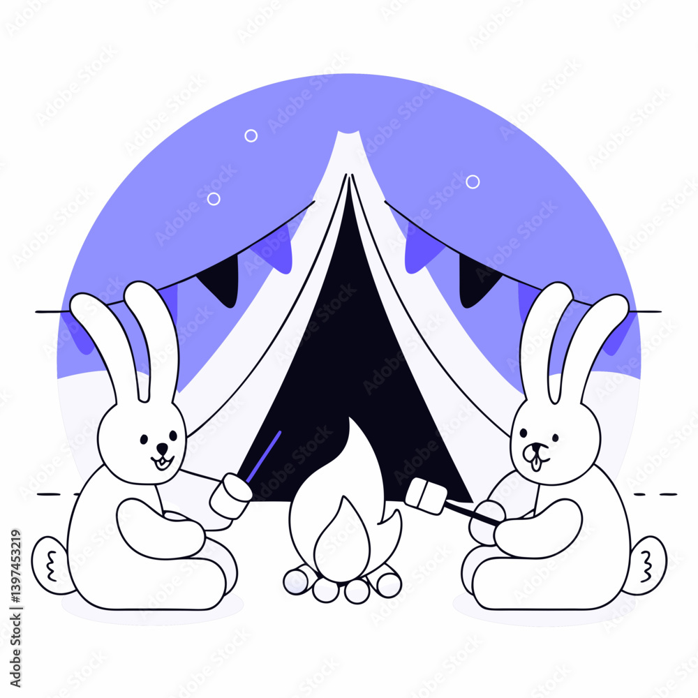 Poster hand drawing vector cozy campfire scene with two rabbits roasting marshmallows in front of tent, cre