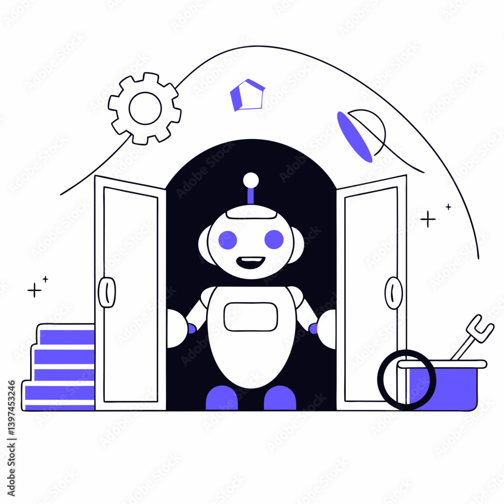Poster hand drawing vector cheerful robot stands entrance of workshop, welcoming children with friendly smi