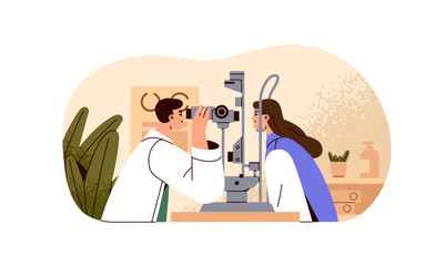 Ophthalmologist examines patient with equipment. Doctor oculist does medical checkup by machine. Medic checks, tests vision of woman at treatment. Flat isolated vector illustration on white background