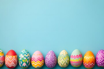 Fototapeta premium Easter Joy A Vibrant Top-Down Display of Colorful Eggs on Light Blue
