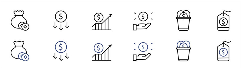 Editable icons to zoom in and out of a line. Vector illustration in modern thin line style of profit related icons: chart, graph, arrow and more. Pictograms and infographics for mobile applications. 