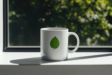 Minimalist mug featuring green leaf design, placed on window sil