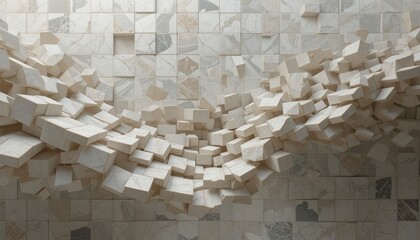 Dynamic abstract sculpture of white cubes on wall contemporary art installation indoor environment artistic viewpoint modern concept for visual exploration