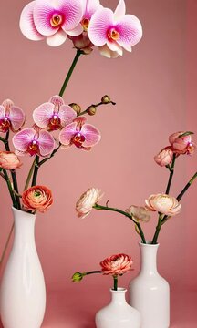 Arranging Delicate Flowers in Vases Still Life on Pink