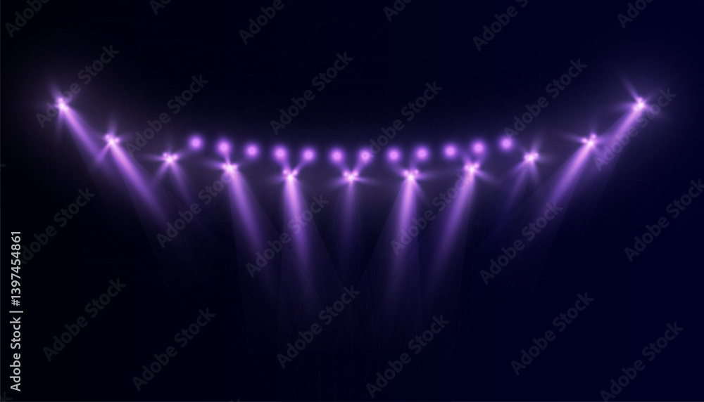 Poster row of violet stage spotlights with glowing beams and soft haze on dark background. perfect for conc