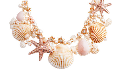 Obraz premium Shell necklace with summer charms, cinematic lighting, professional photography style, white background, PNG 