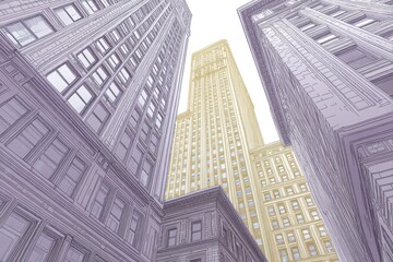 Fototapeta premium Upward perspective on dense skyscraper cluster in monochrome city with reflective surfaces and cloudy sky illustrating architectural density and urban construction environment