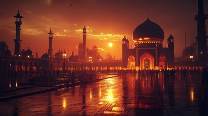 Mosque at Sunset with Reflection in Wet Pavement and Crowds