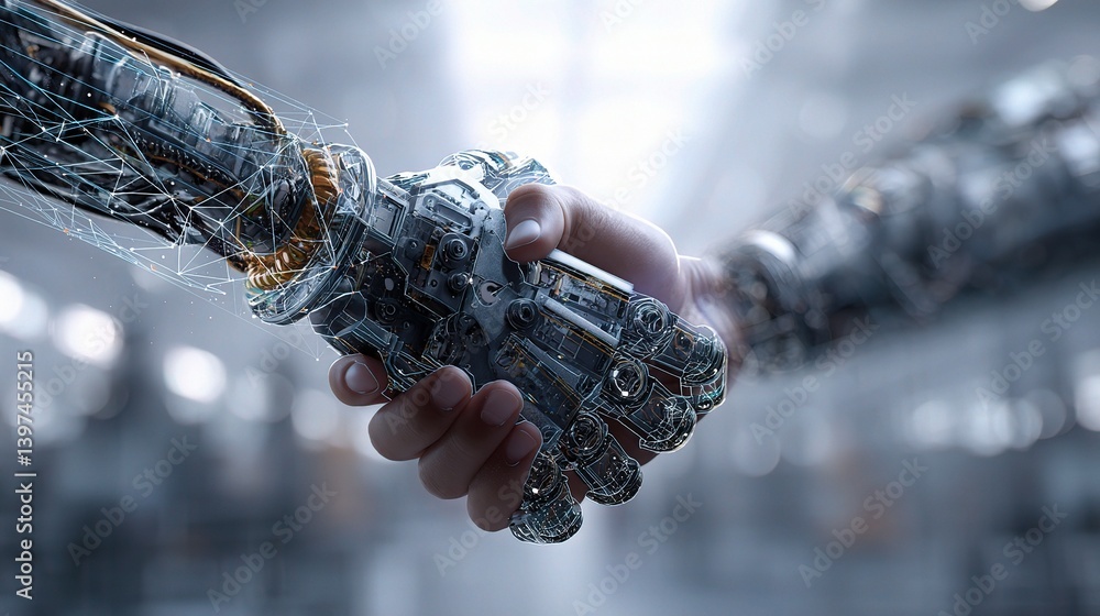 Poster robotic arm engaging in handshake with human engineer in modern setting