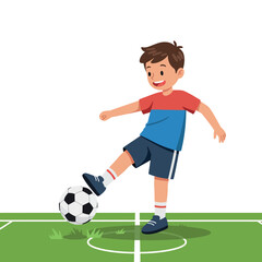 Obraz premium A young boy joyfully kicking a soccer ball on a vibrant green field in a flat vector illustration style