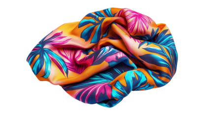Colorful tropical print swimsuit folded neatly, detailed textile texture, isolated on white, PNG 