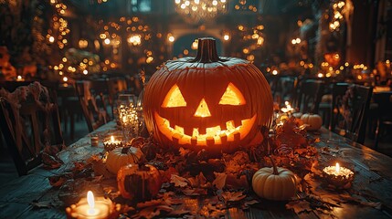 Large Halloween Pumpkin Lantern Surrounded by Candles