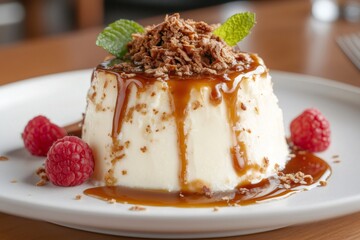 Creamy flan napolitano dripping with caramel and chocolate sprinkles, garnished with mint and raspberries