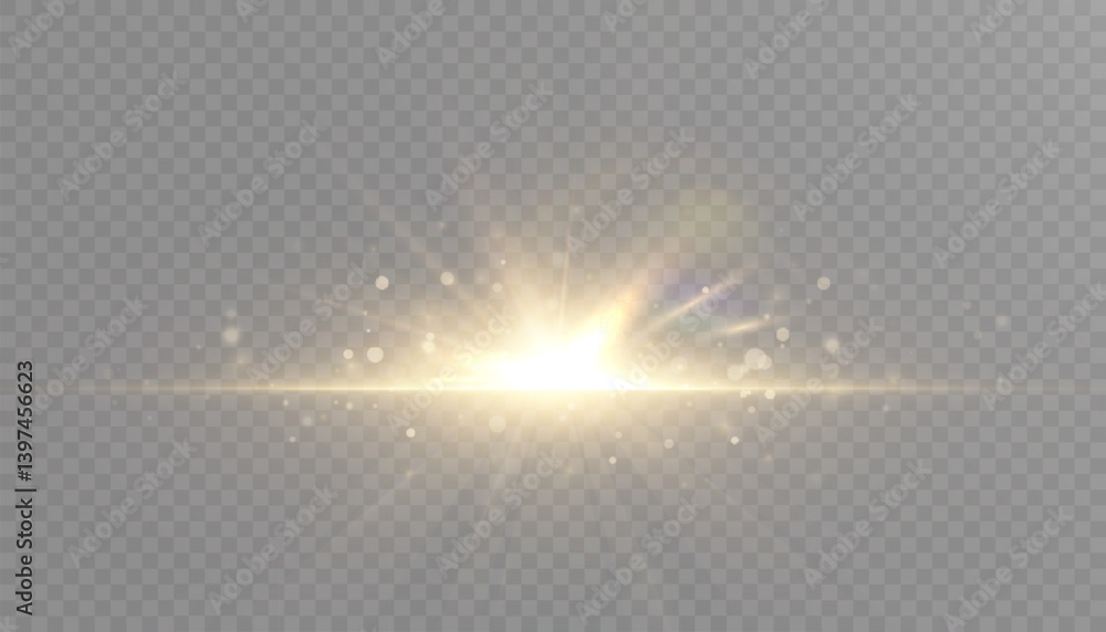Poster radiant golden light flash with sparkling rays, particles, and glowing motion streaks on transparent