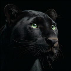 black leopard with green eyes against a black background 
