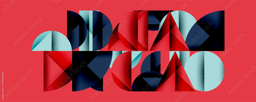 Aufkleber abstract geometric composition featuring overlapping shapes. bold colorsreds, blues, turquoisecreate