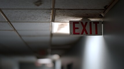 A dim EXIT sign emits an eerie light in a worn-out hallway, suggesting abandonment.