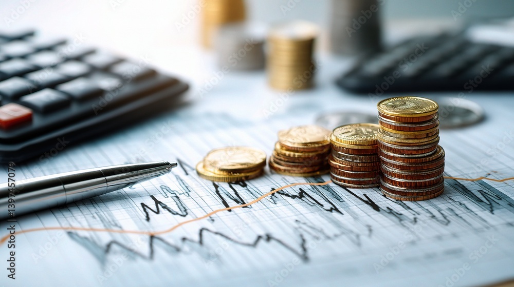Poster Double Exposure of Coins and Graph Lines with Calculator and Pen
