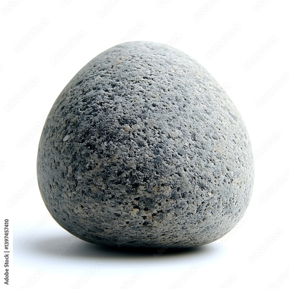 Poster a smooth gray stone sits on a white surface displaying its texture