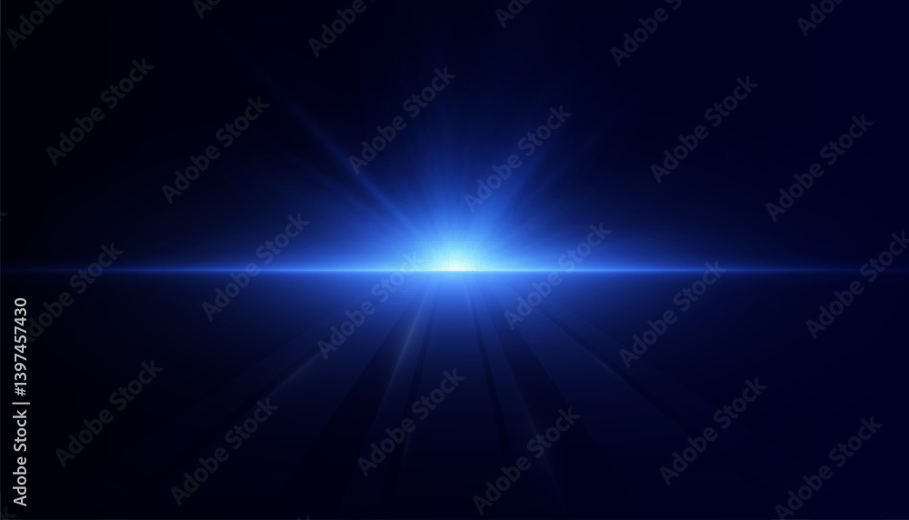 Poster bright horizontal blue light explodes with glowing rays and reflections on dark background. vector f