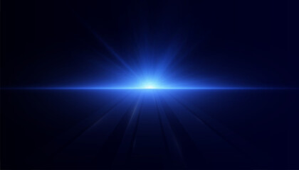 Bright horizontal blue light explodes with glowing rays and reflections on dark background. Vector for sci-fi visual effects, tech design, UI overlays or cinematic light transitions.