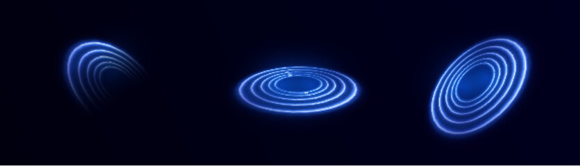 Set of glowing blue concentric rings in perspective on dark background. Perfect for sound waves, radar scans, sci-fi interfaces, digital data visuals, or tech HUD elements.