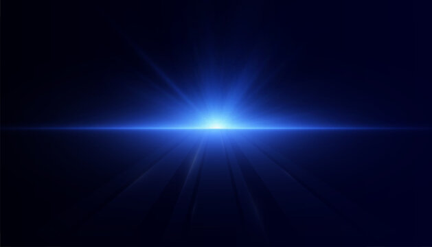 Bright horizontal blue light explodes with glowing rays and reflections on dark background. Vector for sci-fi visual effects, tech design, UI overlays or cinematic light transitions.