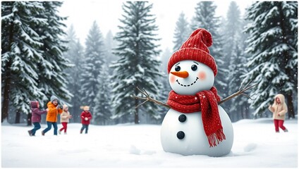 Fototapeta premium A happy cartoon snowman in a red hat and scarf greets winter near a snow-covered Christmas tree