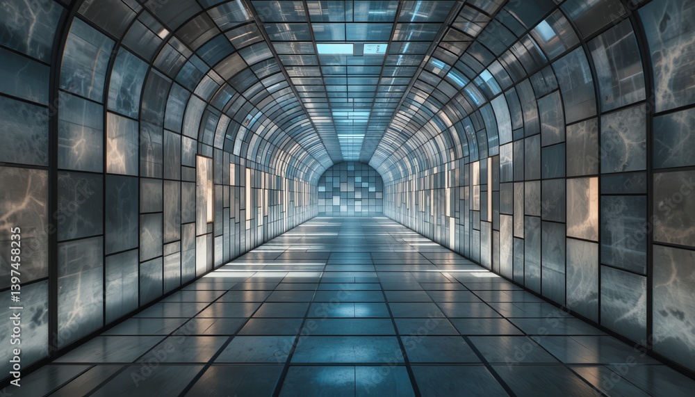 Poster exploring an abstract glass tunnel futuristic architecture high-tech environment interior design per