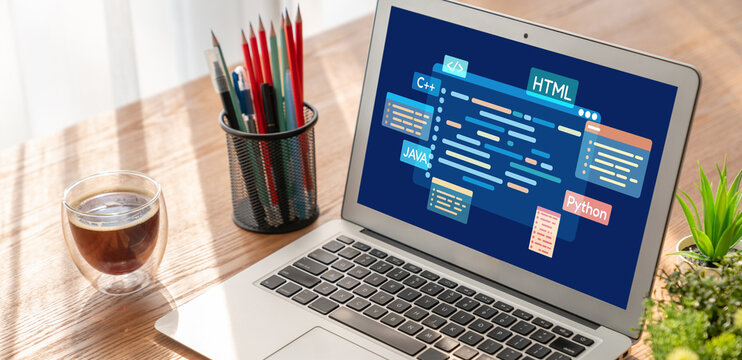 Software development or programming work with coding screen of various programming languages like HTML, Python, Java, and C brisk for new application development