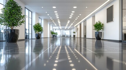 Modern office hallway, plants, shiny floor, bright lighting, corporate background