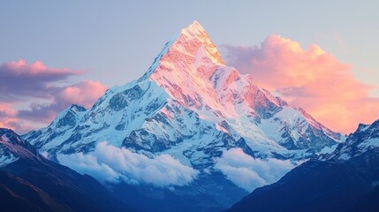 Fototapeta premium Snowy mountain peak kissed by sunset light amidst cloudy skies. Majestic
